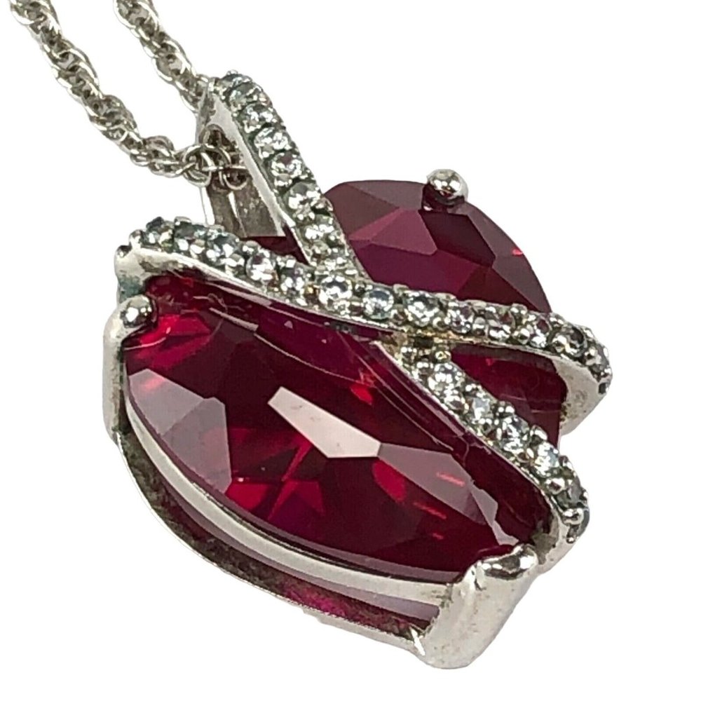 SUN BR Necklace Pendant Red Heart Crystals Silver Tone on Chain